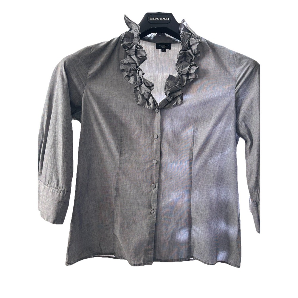 Talbots Shirt Womens 8 PMedium Gray Blouse Top Career Button Ruffle Neck Collar